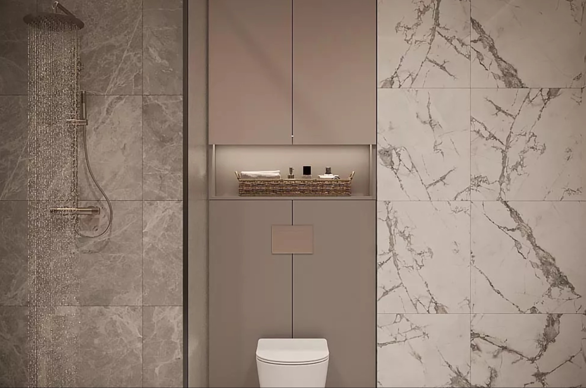 Nowoczesna łazienka z marmurowymi płytkami, deszczownicą włączoną, podświetlaną półką z akcesoriami i minimalistyczną toaletą.