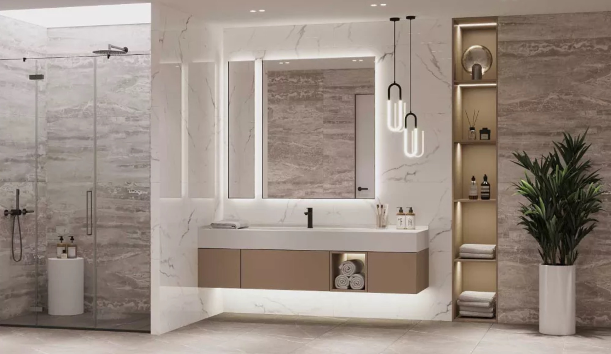 Nowoczesna łazienka z marmurowymi płytkami, podświetlanym lustrem i szafką pod umywalką. Kabina prysznicowa ze szklanymi drzwiami i dekoracyjne oświetlenie.