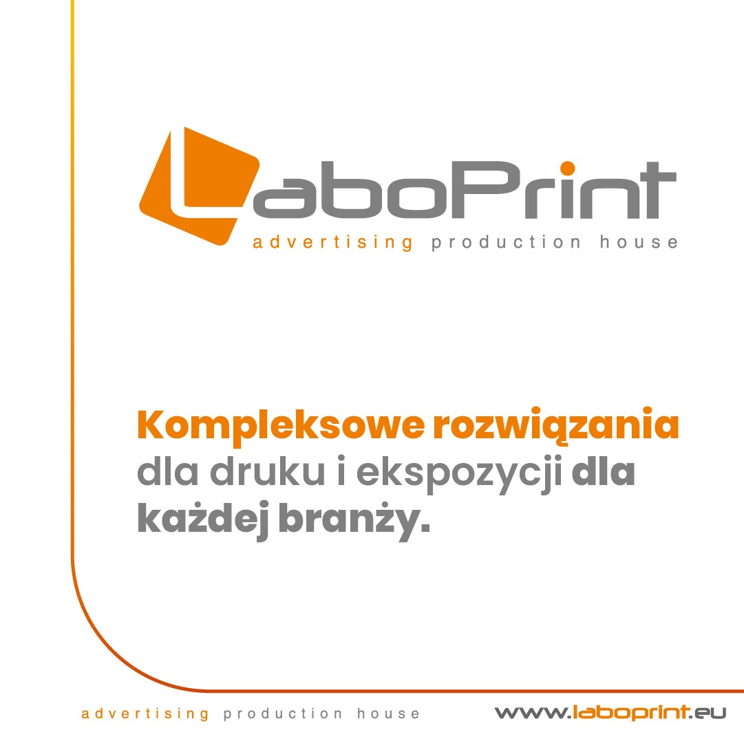 Logo firmy LaboPrint z pomarańczowym symbolem i szarym napisem, oferującej kompleksowe rozwiązania dla druku i ekspozycji dla każdej branży, z adresem strony internetowej.