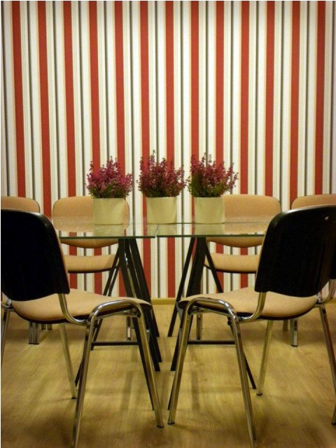 Sala konferencyjna z szklanym stołem, metalowymi krzesłami i trzema doniczkami wrzosu na tle ściany w czerwono-białe pasy.