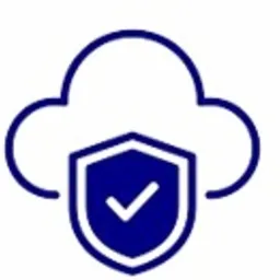 Grafika wektorowa przedstawiająca chmurę z obrysem i tarczę ochronną z symbolem zaznaczenia (ptaszkiem) w kolorze granatowym, symbolizująca bezpieczeństwo danych w chmurze.