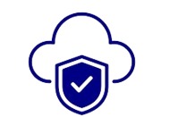 Grafika wektorowa przedstawiająca chmurę z obrysem i tarczę ochronną z symbolem zaznaczenia (ptaszkiem) w kolorze granatowym, symbolizująca bezpieczeństwo danych w chmurze.