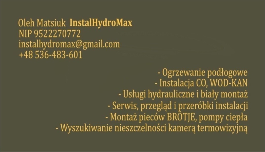 Grafika z danymi kontaktowymi firmy InstalHydroMax: imię, NIP, email, telefon oraz lista usług: ogrzewanie podłogowe, instalacje CO, usługi hydrauliczne, montaż pieców.