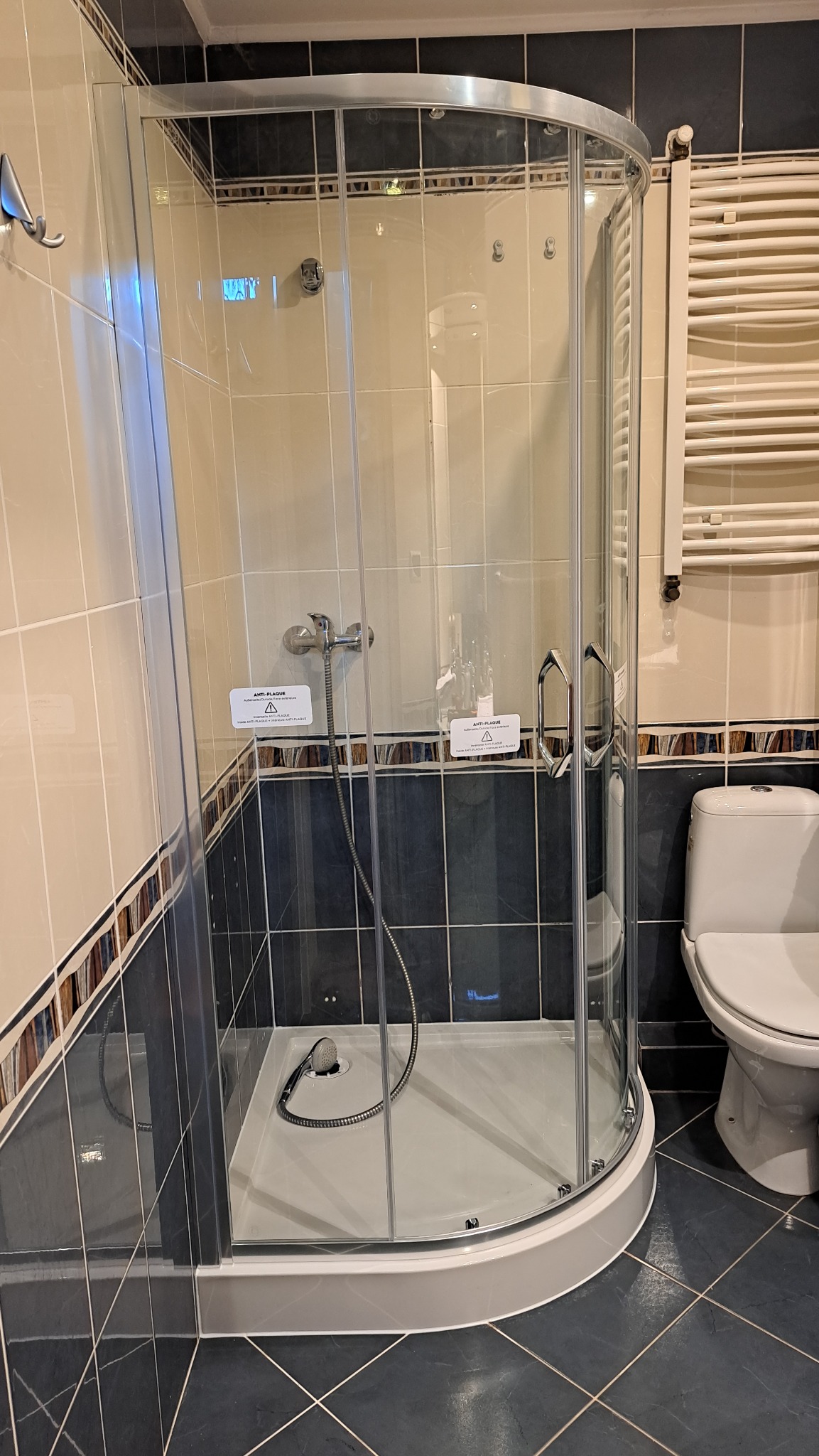 Nowoczesna kabina prysznicowa z zaokrąglonymi szybami i chromowanymi detalami, umieszczona w wykafelkowanej łazience z grzejnikiem drabinkowym i toaletą.