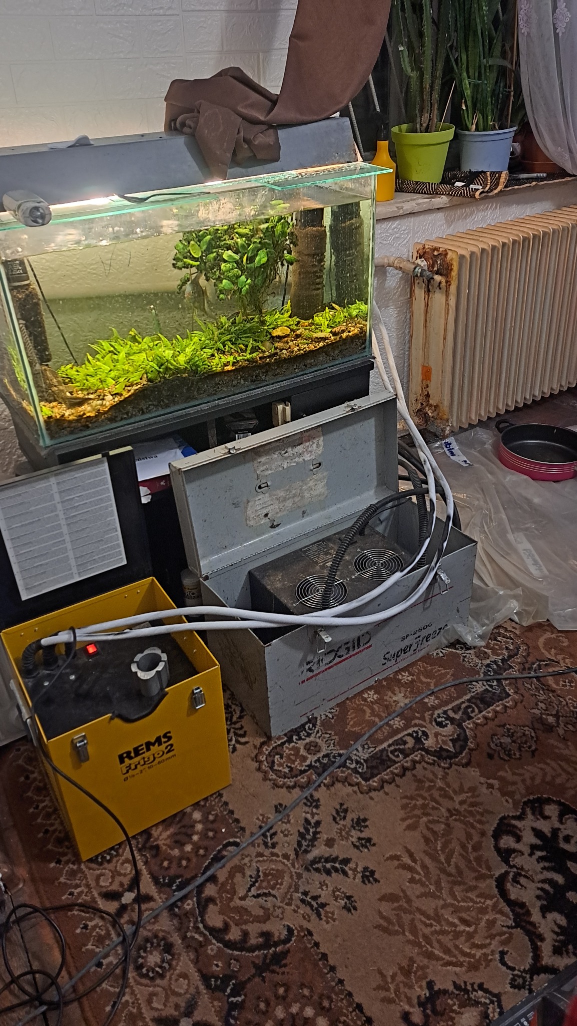 Zamrażarka do rur REMS Frigo 2 obok akwarium w mieszkaniu w Warszawie. Sprzęt do zamrażania rur podczas napraw hydraulicznych, bez konieczności spuszczania wody.