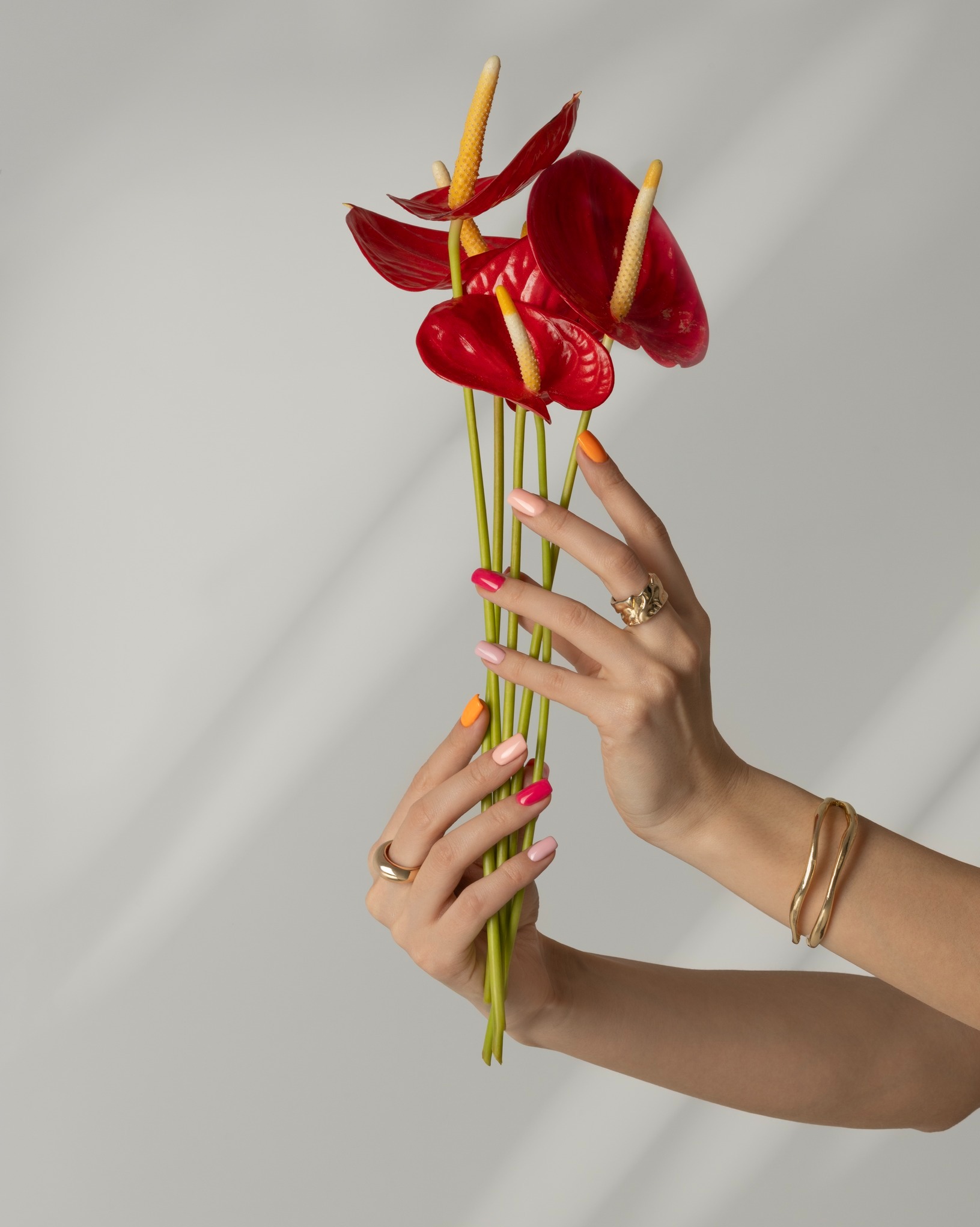 Dłonie kobiety z biżuterią trzymają bukiet czerwonych anturium z żółtymi kolbami na tle jasnej ściany z cieniem. Paznokcie pomalowane na różne kolory.