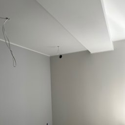 Roman Horditsa - Świeżo pomalowane na szaro wnętrze z białym sufitem podwieszanym i wystającymi kablami elektrycznymi, widoczne ślady po pracach na podłodze.