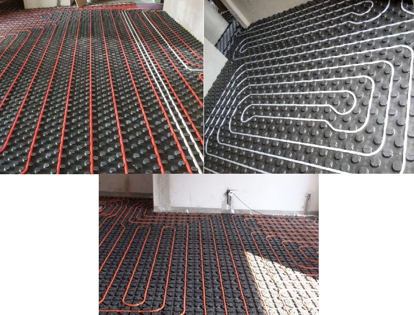 Rozłożone rury ogrzewania podłogowego na czarnej macie izolacyjnej z wypustkami, widoczne różne kolory rur: czerwone, białe i pomarańczowe w trzech różnych ujęciach.