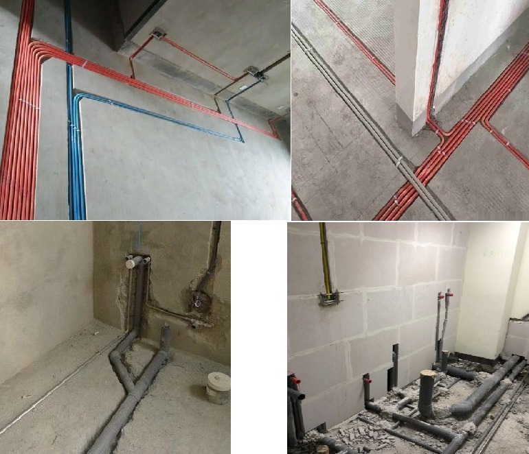 Cztery ujęcia instalacji: rury elektryczne w kolorze czerwonym i niebieskim na ścianie i suficie, szare rury kanalizacyjne w bruzdach w ścianie i na podłodze, widoczne puszki elektryczne...