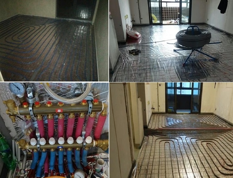 Montaż ogrzewania podłogowego: rozłożone rury grzewcze na folii izolacyjnej, widoczny rozdzielacz z podłączonymi przewodami czerwonymi i niebieskimi, oraz zwój rur na stojaku w pomieszczeniu...