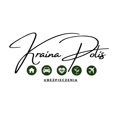 Eleganckie logo 'Kraina Polis' z ikonami: dom, auto, serce, roślina, samolot. Podpis 'Ubezpieczenia' w minimalistycznym stylu na białym tle.