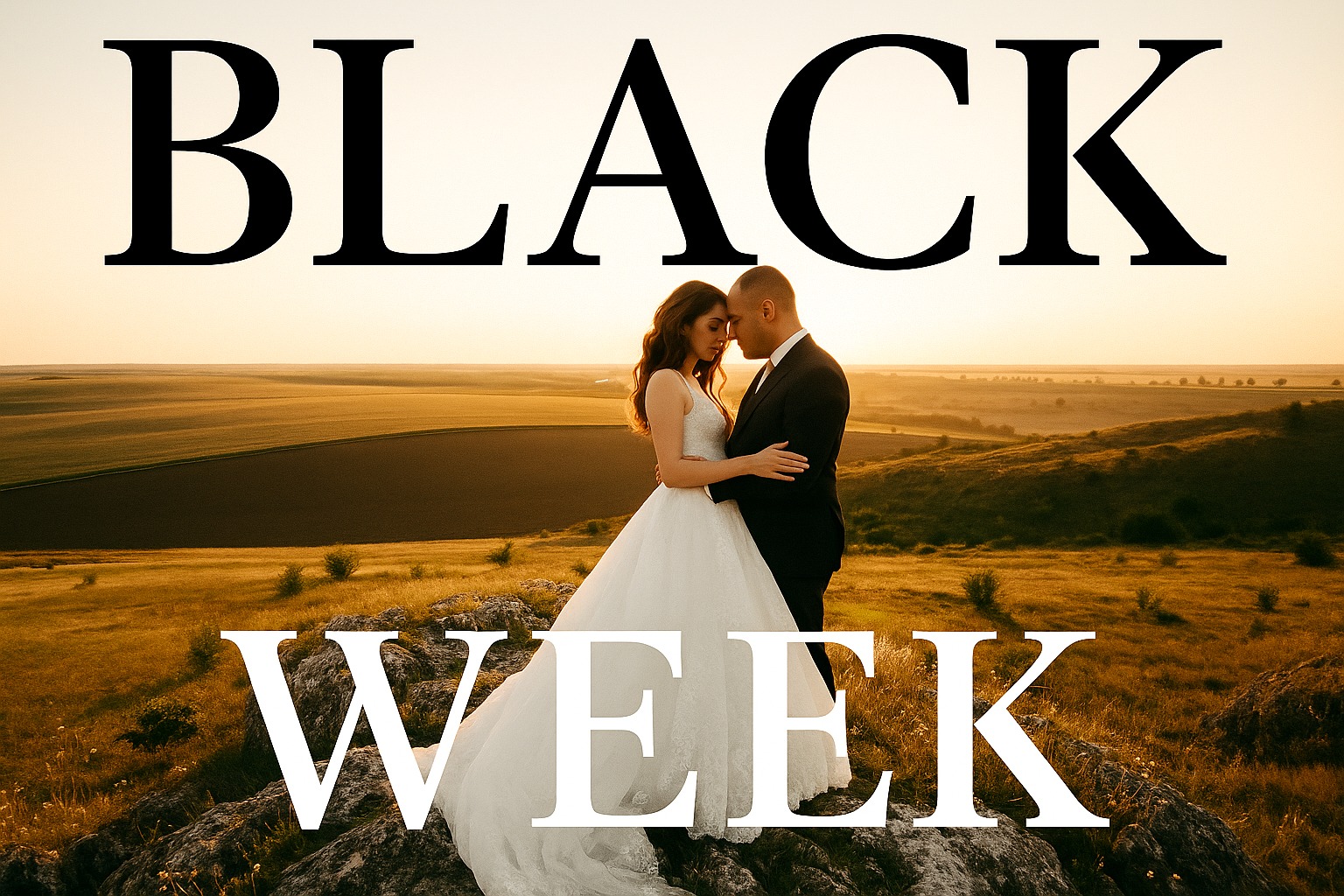 Para młoda w objęciach na tle zachodzącego słońca w Katowicach, z napisem 'BLACK WEEK' nałożonym na zdjęcie. Romantyczna sesja w plenerze.