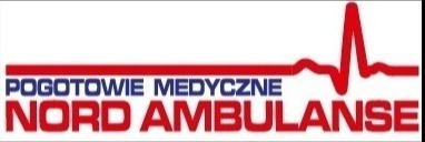 Logo Pogotowie Medyczne Nord Ambulanse z czerwonym symbolem linii EKG nad nazwą.