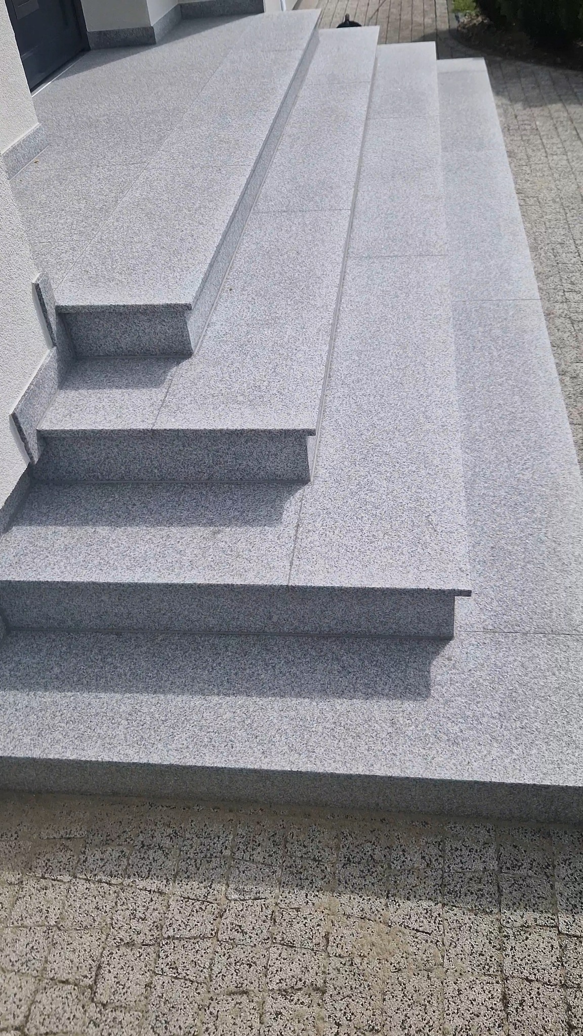 Granitowe schody zewnętrzne z subtelnym wzorem, prowadzące do wejścia budynku. Widoczne detale wykończenia i faktura kamienia. Jasne, naturalne oświetlenie.