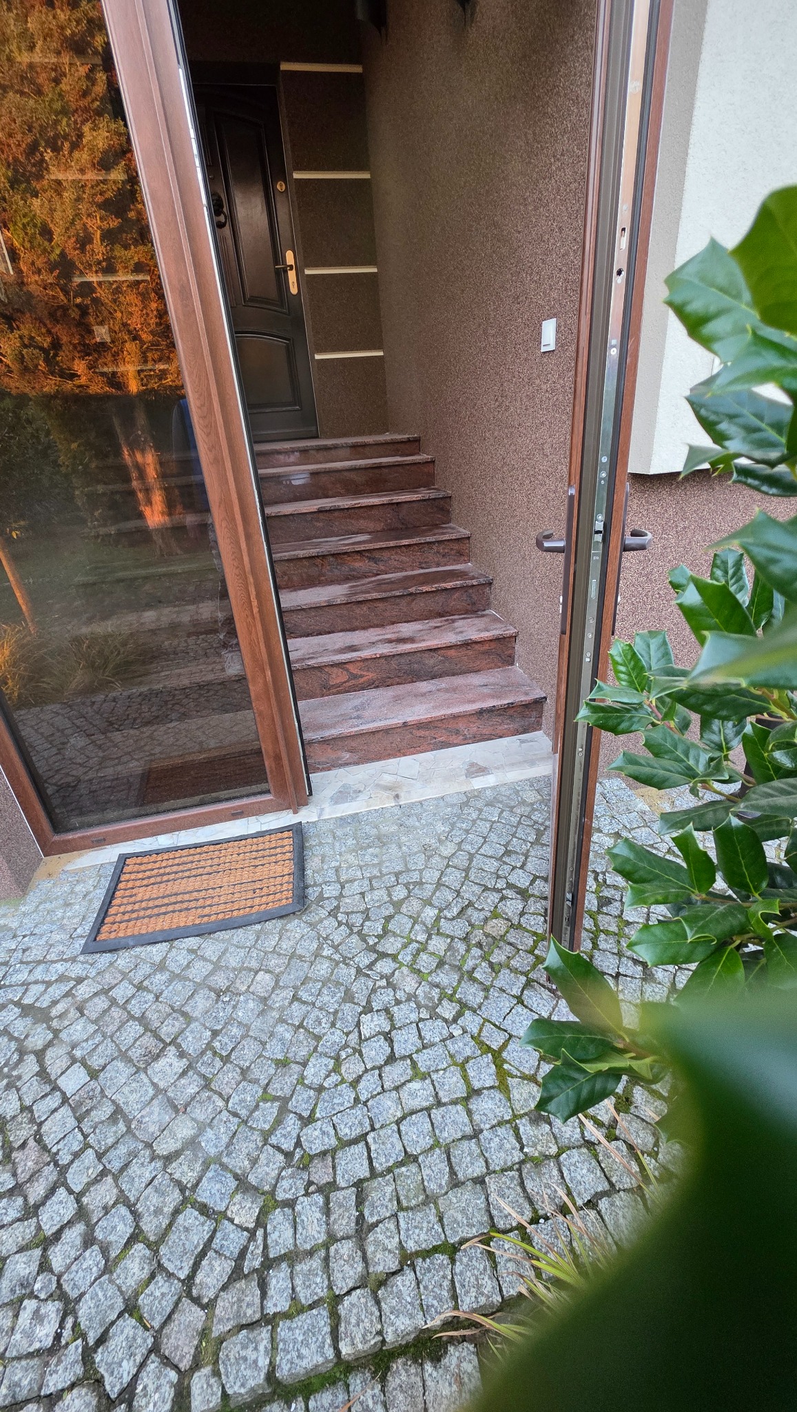Zewnętrzne schody z czerwonego kamienia prowadzą do ciemnych drzwi wejściowych. Kostka brukowa na podłożu i zielone krzewy po prawej stronie kadru.