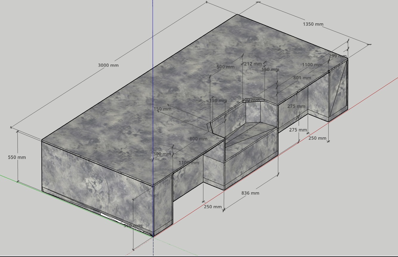 Model 3D blatu z szarego kamienia z wymiarami, widok izometryczny. Prezentacja projektu z uwzględnieniem szczegółowych wymiarów w milimetrach.