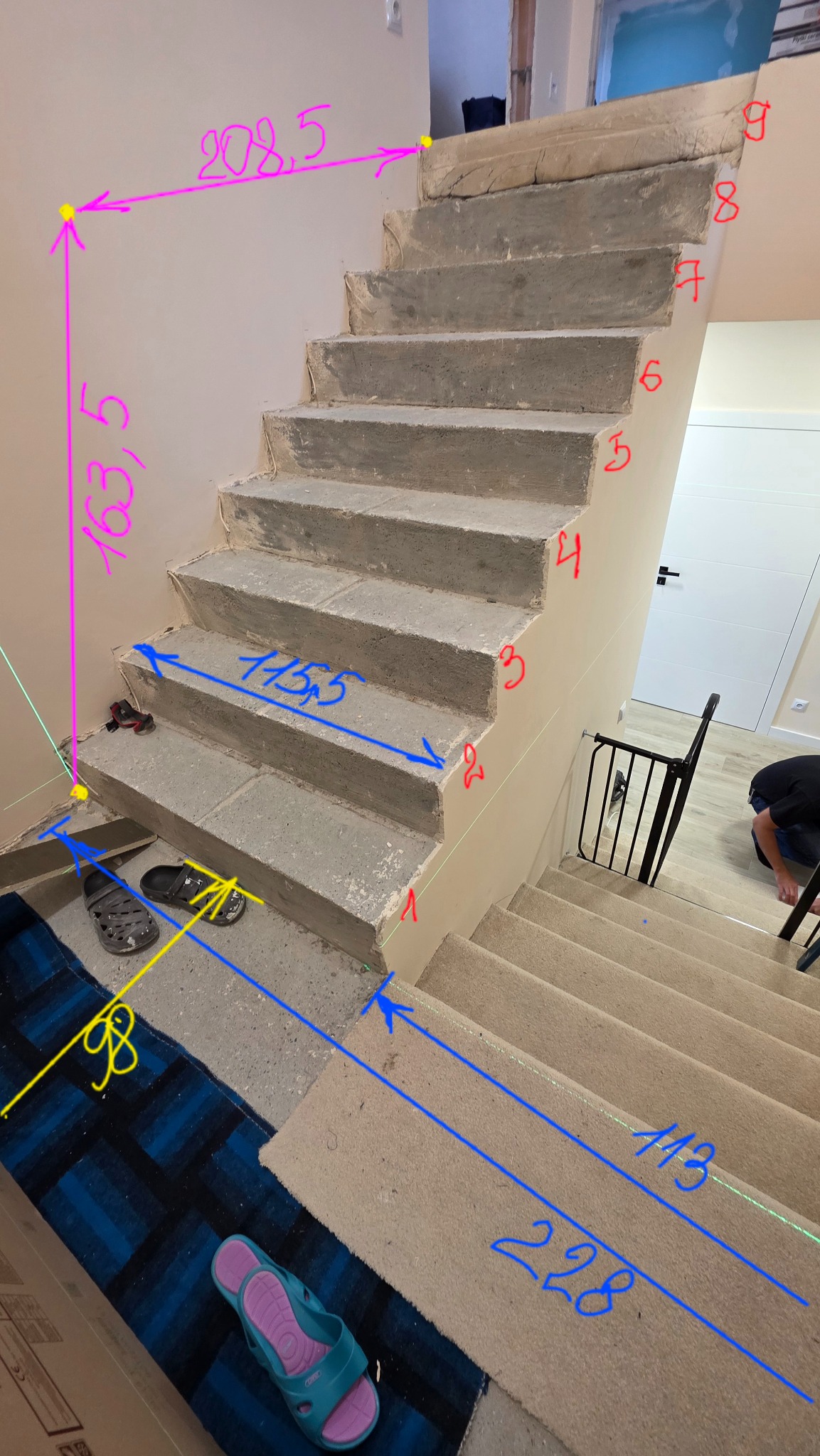 Surowe betonowe schody w trakcie budowy z naniesionymi odręcznie wymiarami, widoczne przygotowane stopnie na wyższym poziomie i prowizoryczne wykończenie.