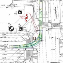 Plan sytuacyjny skrzyżowania ulic z naniesionymi oznaczeniami infrastruktury drogowej i nazwami ulic.