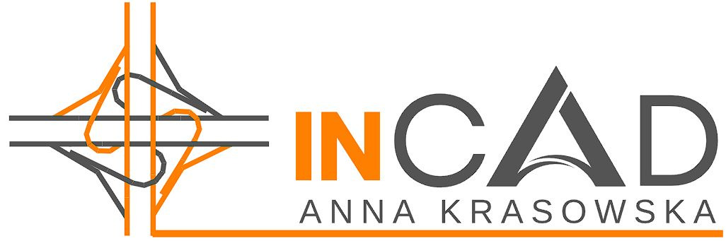 Logo firmy InCAD Anna Krasowska, przedstawiające graficzny symbol węzła drogowego w kolorach szarym i pomarańczowym.