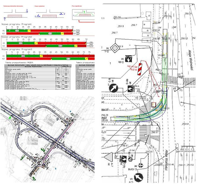 Skomplikowany plan inżynieryjny skrzyżowania w Bytomiu, zawierający schematy sygnalizacji świetlnej, tabele przepustowości i mapę drogową z naniesionymi wysokościami terenu.