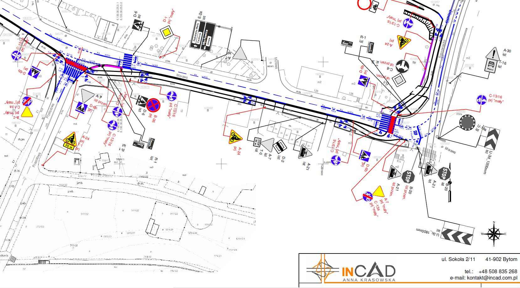 Plan zagospodarowania przestrzennego skrzyżowania z uwzględnieniem oznakowania pionowego i poziomego, w tym przejść dla pieszych, przystanków autobusowych i sygnalizacji świetlnej.