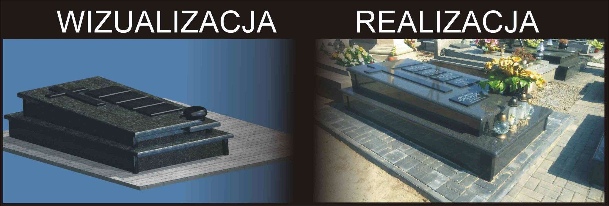 Porównanie wizualizacji 3D i zdjęcia gotowego, ciemnego pomnika z krzyżem i tabliczkami inskrypcyjnymi, otoczonego kwiatami i lampionami na cmentarzu.