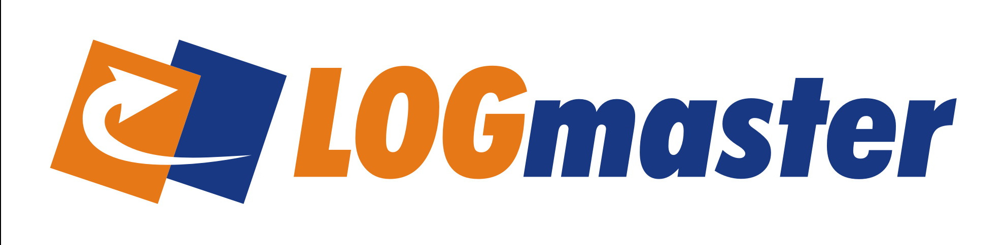 Logo firmy Logmaster: pomarańczowy napis z niebieskim dopiskiem 'master' oraz grafika z dwoma przesuniętymi kwadratami, jeden pomarańczowy ze strzałką, drugi niebieski.