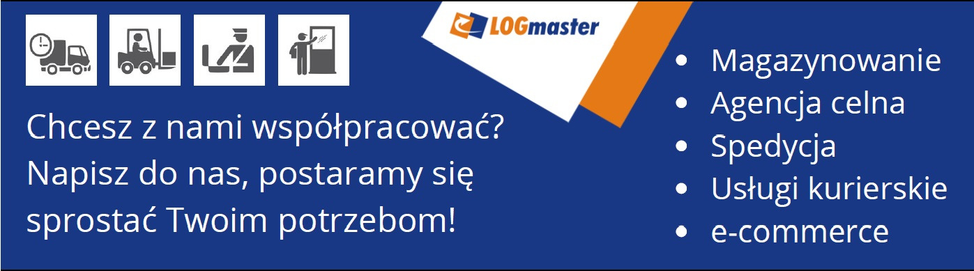 Grafika reklamowa firmy Logmaster z ikonami symbolizującymi transport, magazynowanie i odprawę celną, oraz hasłem zachęcającym do współpracy.