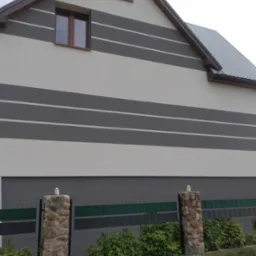 Elewacja domu z szarymi pasami i oknem z brązową ramą, widok z dołu. Kamienne słupki ogrodzenia z zielonymi krzewami na pierwszym planie.