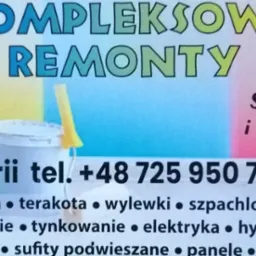Ulotka reklamowa firmy Yuri oferującej kompleksowe remonty, z hasłem 'Tanio, solidnie i na czas', widoczne dwa wiadra z farbą i wałek malarski.