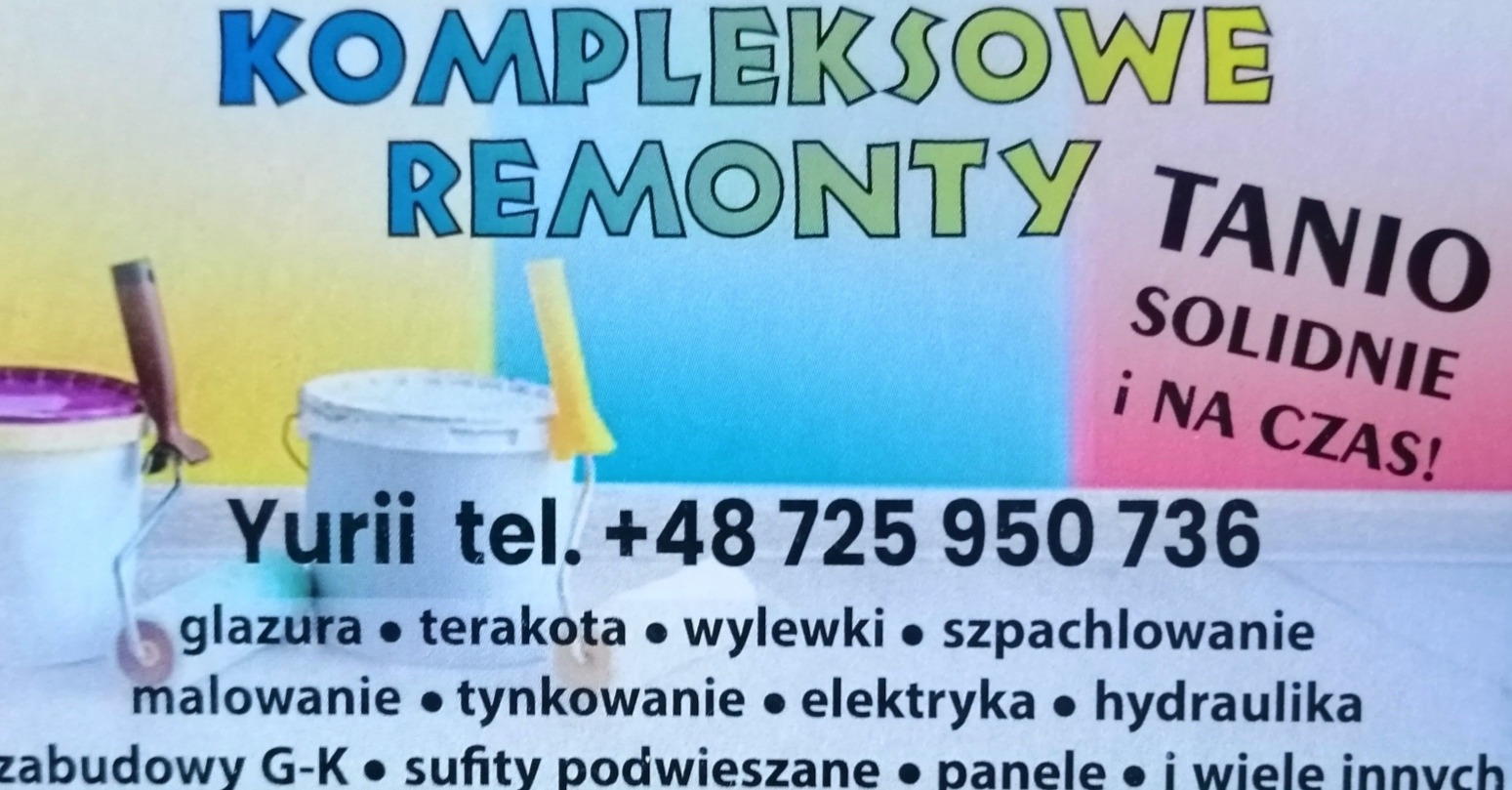 Ulotka reklamowa firmy Yuri oferującej kompleksowe remonty, z hasłem 'Tanio, solidnie i na czas', widoczne dwa wiadra z farbą i wałek malarski.
