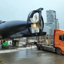 Transport łodzi podwodnej ORP Sokół na platformie ciężarówki Volvo, zabezpieczonej systemem ALU Deck HD, z widoczną śrubą okrętową i budynkami w tle.