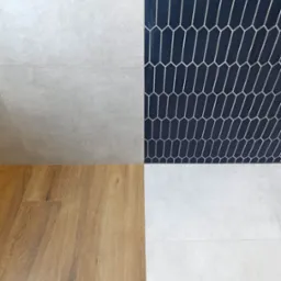 Aranżacja podłogi i ściany z płytek: drewnopodobne, szare i czarne heksagonalne z białą fugą. Nowoczesny design wnętrza z bliska.