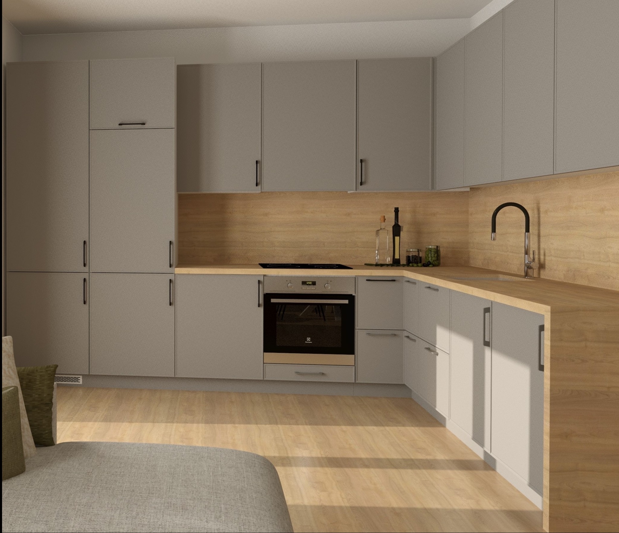 Wizualizacja szarej kuchni na wymiar z drewnianym blatem i frontami, widoczny piekarnik Electrolux i czarna bateria kuchenna.