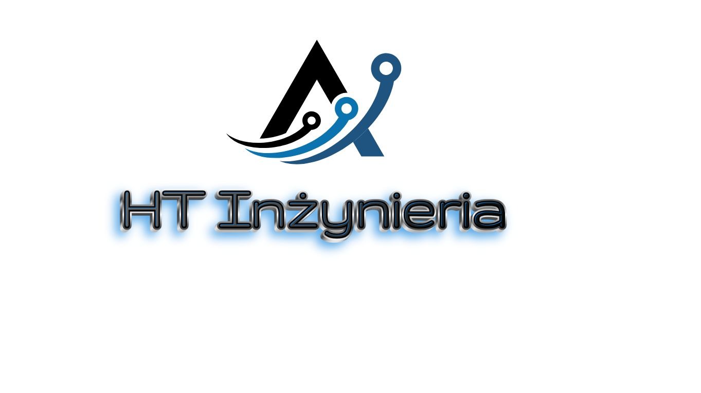 Logo firmy HT Inżynieria z symbolem graficznym przypominającym literę A z elementami graficznymi w kolorze niebieskim.