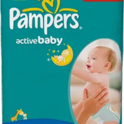 Opakowanie pieluszek Pampers Active Baby w rozmiarze Maxi, z wizerunkiem uśmiechniętego dziecka i motywami księżyca oraz żyrafy.