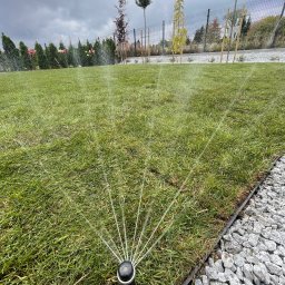 NOIBUD - Działający zraszacz na tle zielonego trawnika, obok ścieżka z jasnych kamieni, w tle ozdobne drzewa i krzewy. Widoczne rozpylone krople wody.