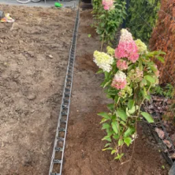 Montaż odwodnienia liniowego wzdłuż rabaty z posadzonymi hortensjami w ogrodzie. Widoczne elementy systemu i przygotowane podłoże.