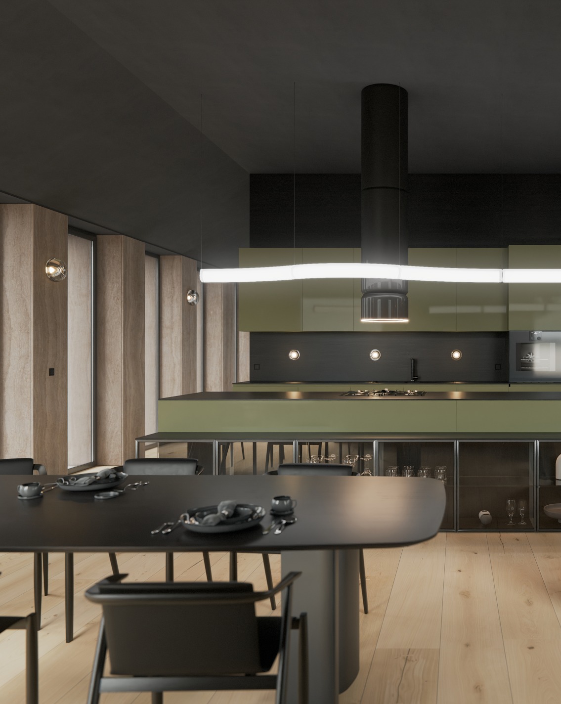 Nowoczesna kuchnia z dużym stołem jadalnym, oświetleniem LED i drewnianą podłogą, minimalistyczny design.