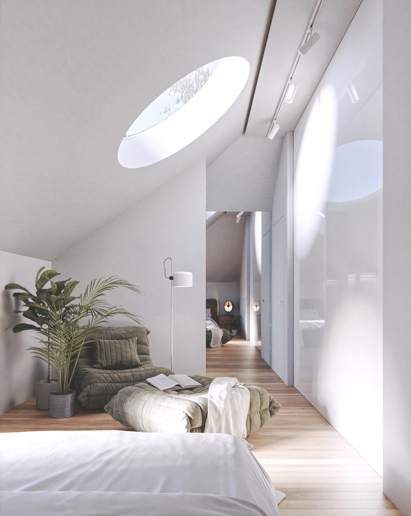 Jasne, minimalistyczne wnętrze sypialni na poddaszu z owalnym oknem dachowym, roślinami w donicach, miękkim fotelem i widokiem na drugą sypialnię w głębi.