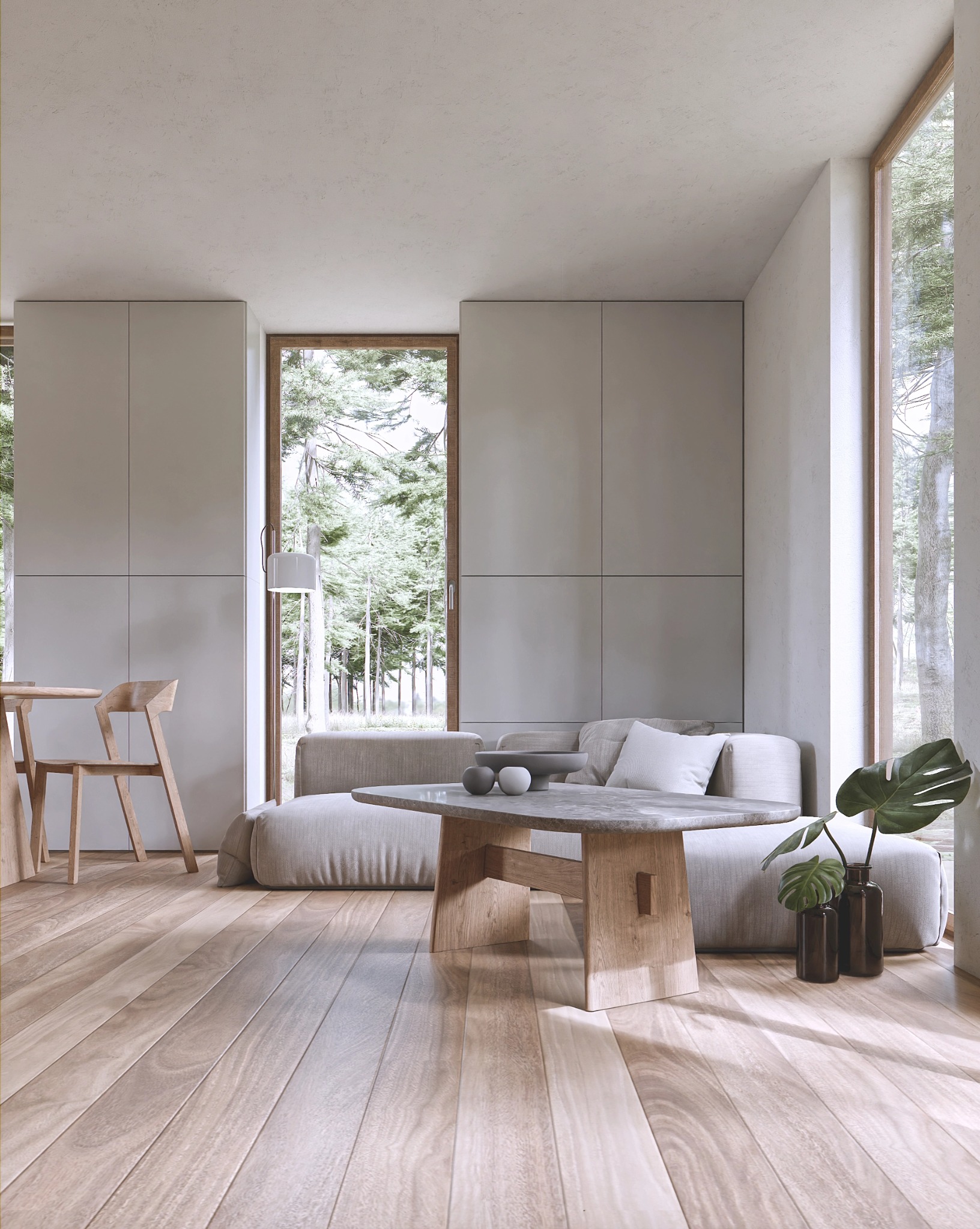 Jasne, minimalistyczne wnętrze z drewnianą podłogą, sofą, stolikiem kawowym z marmurowym blatem i widokiem na las przez okno.