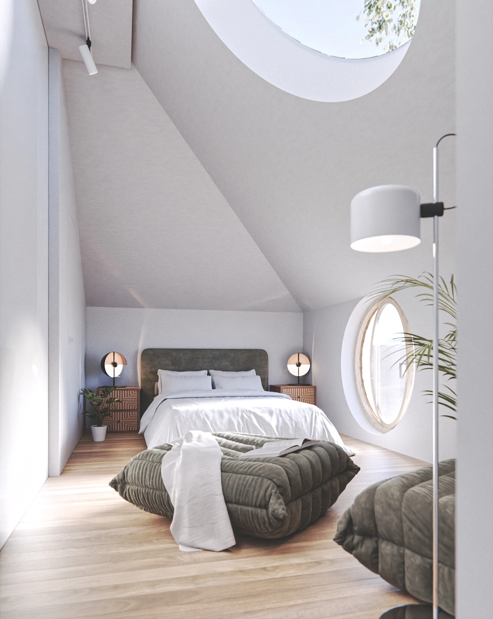 Jasne poddasze sypialni z okrągłym oknem i okrągłym świetlikiem, drewnianą podłogą, pufami w stylu retro i minimalistycznym oświetleniem.