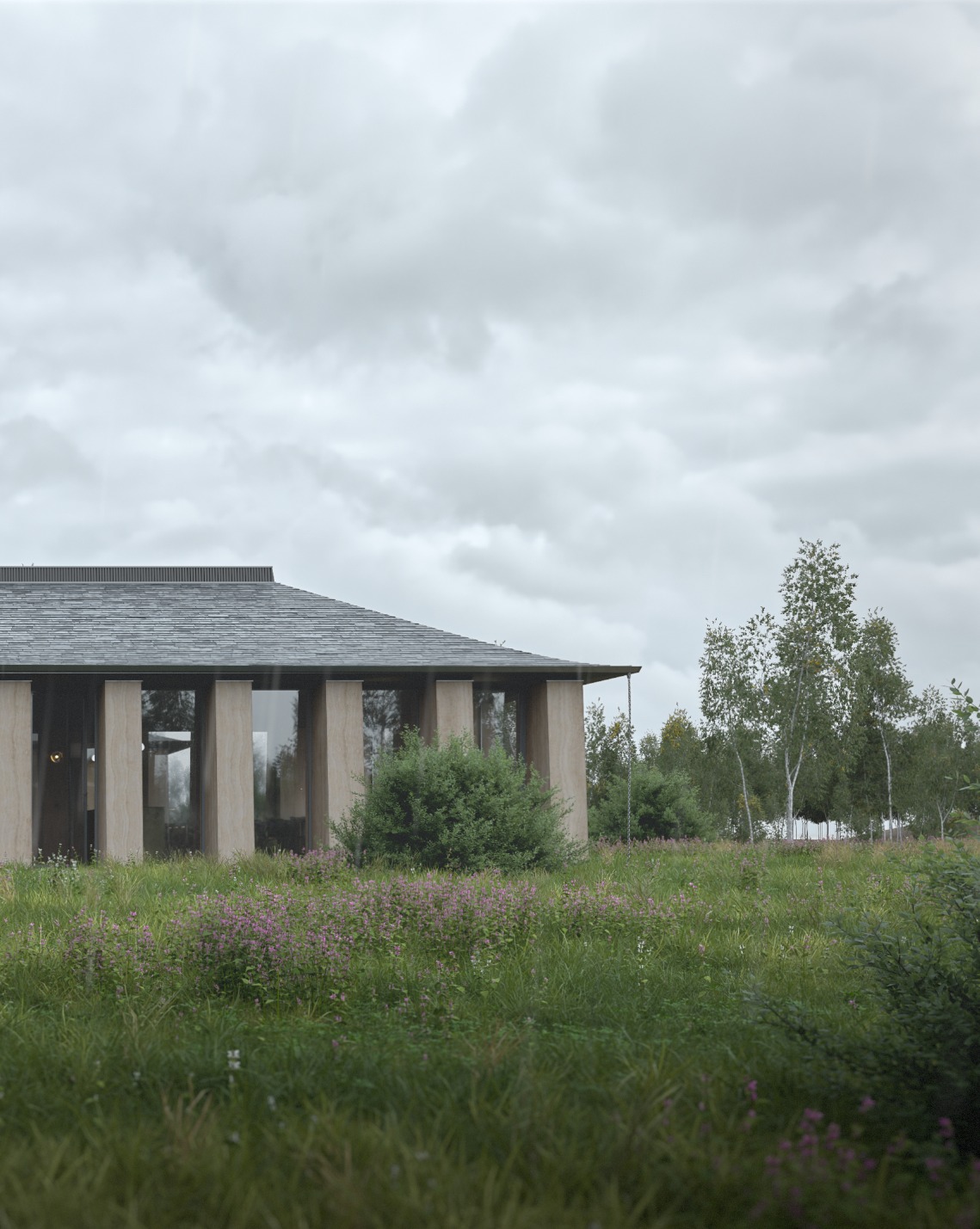 Wizualizacja budynku jednorodzinnego w Katowicach z płaskim dachem i dużymi oknami, otoczonego łąką z fioletowymi kwiatami i drzewami w tle, pochmurne niebo.