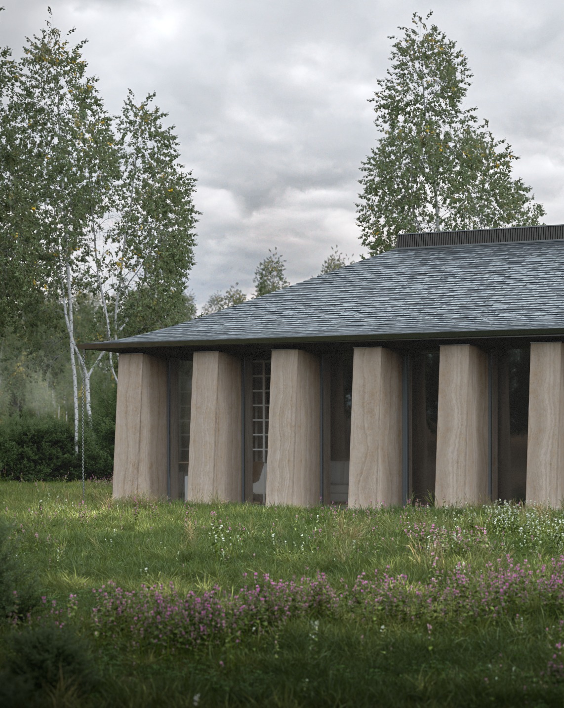 Wizualizacja nowoczesnego domu z kamiennymi kolumnami i szarym dachem, otoczonego zielonym trawnikiem z kwitnącymi kwiatami, na tle pochmurnego nieba i drzew.