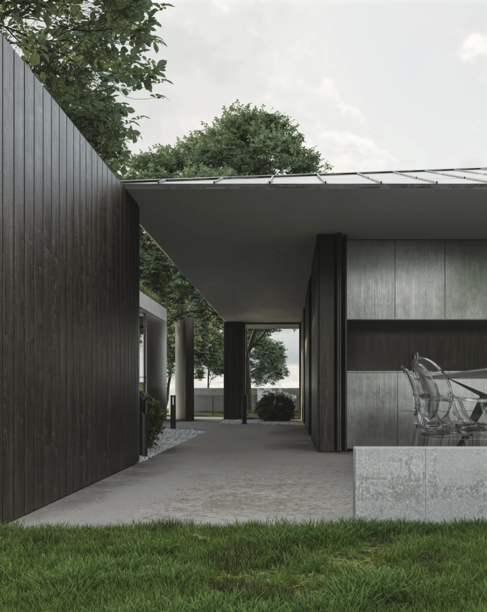 Wizualizacja zewnętrzna nowoczesnego domu z drewnianą elewacją, betonowym chodnikiem i minimalistycznym ogrodem z trawą i drzewami.