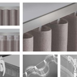 Homtex Wioletta Maszek - Detale montażu zasłon Wave: karnisz szynowy, transparentne agrafki, równomierne fale tkaniny w odcieniach beżu. Precyzja i estetyka w systemie zawieszania.