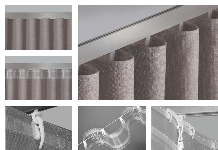 Detale montażu zasłon Wave: karnisz szynowy, transparentne agrafki, równomierne fale tkaniny w odcieniach beżu. Precyzja i estetyka w systemie zawieszania.