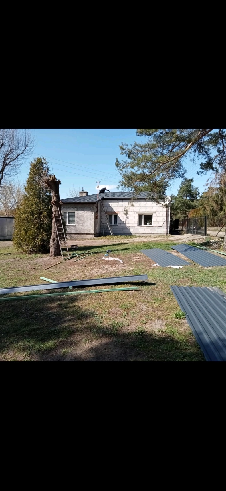 Prace dekarskie w toku: nowy, grafitowy dach z blachy trapezowej na parterowym budynku z białej cegły, dwie drabiny opierają się o dach, na trawniku leżą arkusze blachy i rury PCV.
