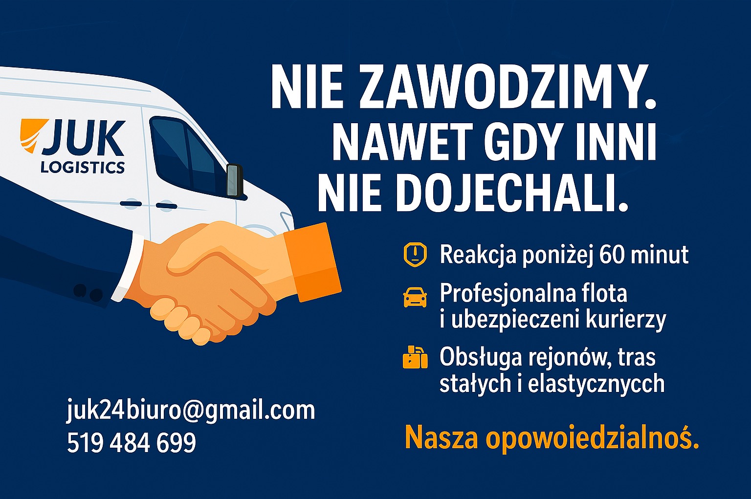 Grafika reklamowa JUK Logistics: biały bus z logiem, uścisk dłoni, hasło 'Nie zawodzimy'. Szybka reakcja, profesjonalna flota, obsługa tras. Kontakt: mail, telefon.
