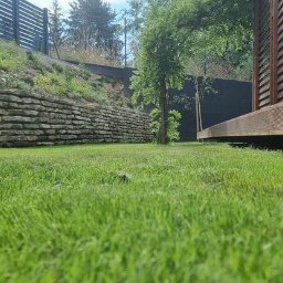 Od projektu do efektu - Nisko położona perspektywa na świeżo skoszoną, intensywnie zieloną trawę, z kamiennym murem oporowym na zboczu w tle i fragmentem drewnianej konstrukcji z przesłonami po prawej stronie.